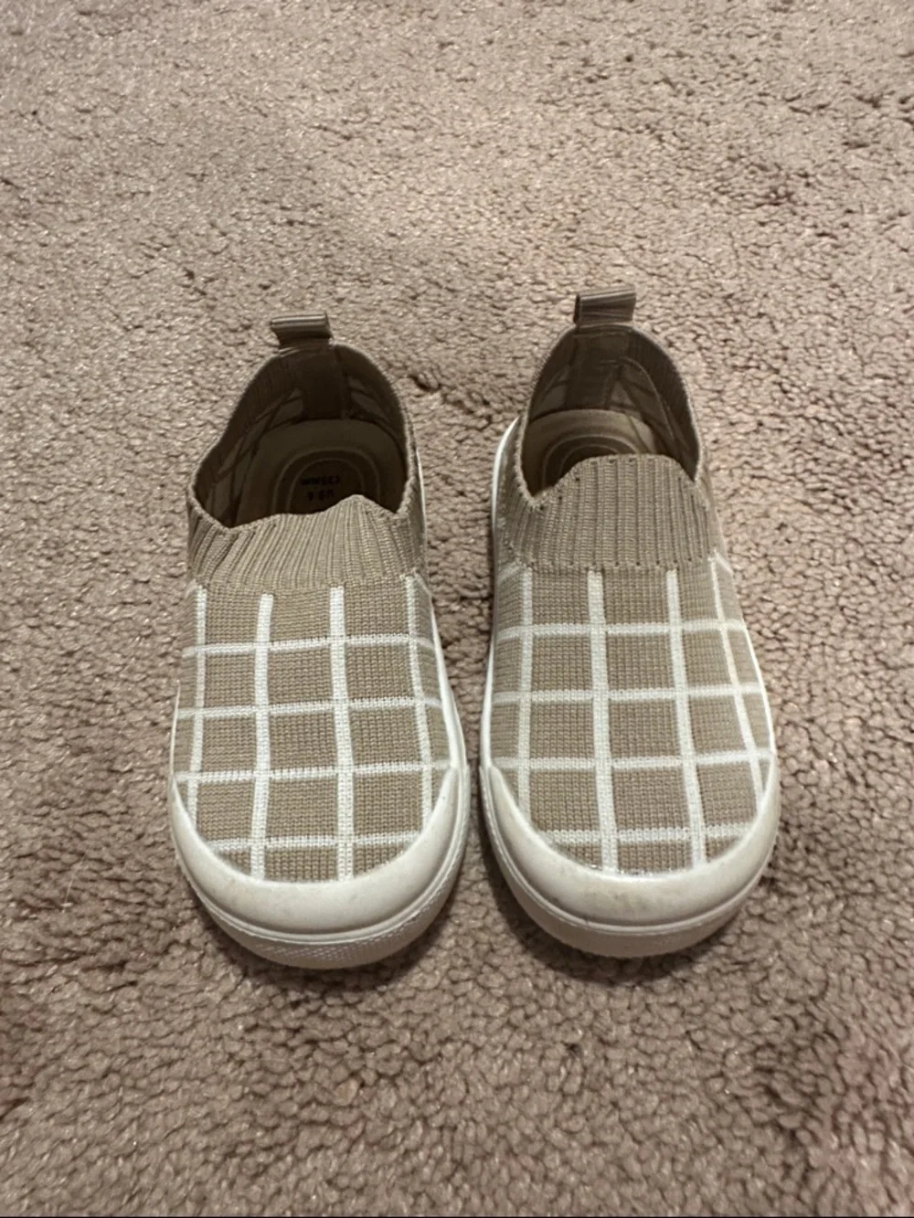 Baby Knit Slip-On Walkers in Beige and White - Neutral Grid Design